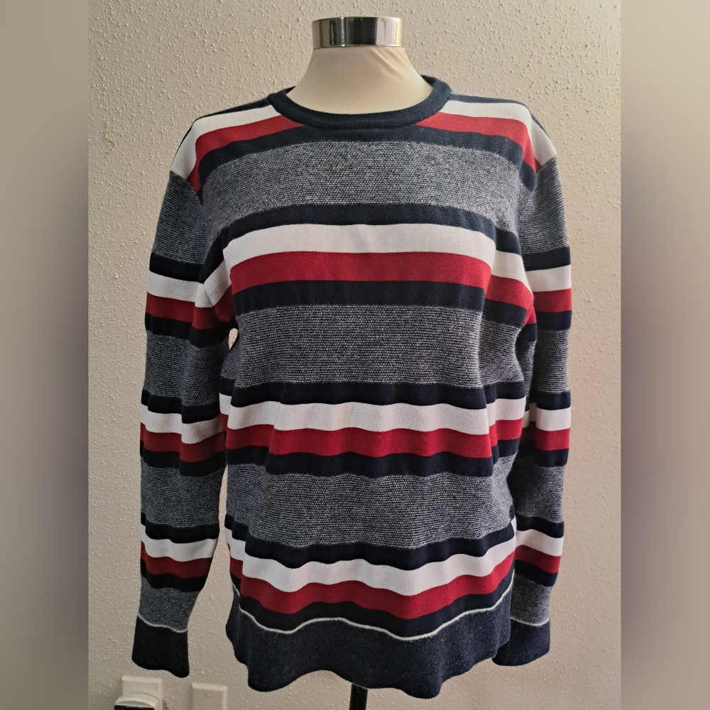 Tommy Hilfiger Navy and Red Striped Crewneck Sweater